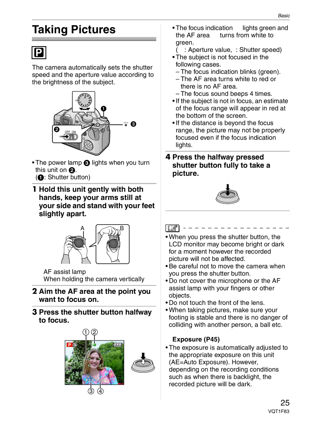 Panasonic DMC-FZ18 operating instructions Taking Pictures, Exposure P45 