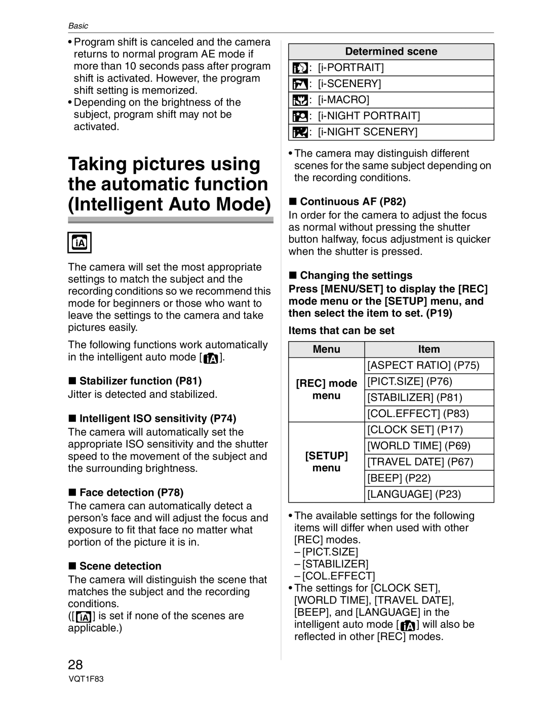 Panasonic DMC-FZ18 Intelligent ISO sensitivity P74, Face detection P78, Scene detection, Determined scene 