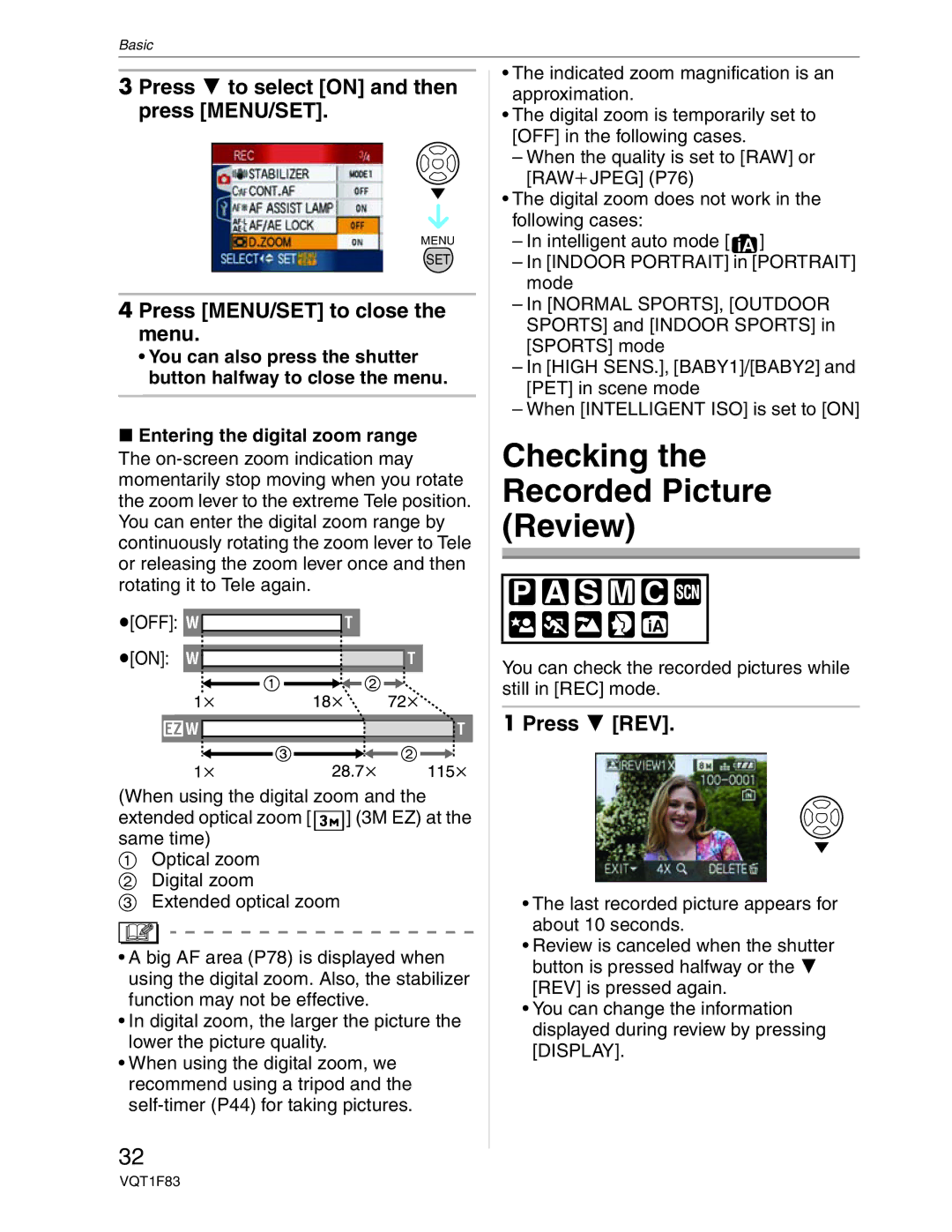 Panasonic DMC-FZ18 Checking the Recorded Picture Review, Press to select on and then press MENU/SET, Press REV 