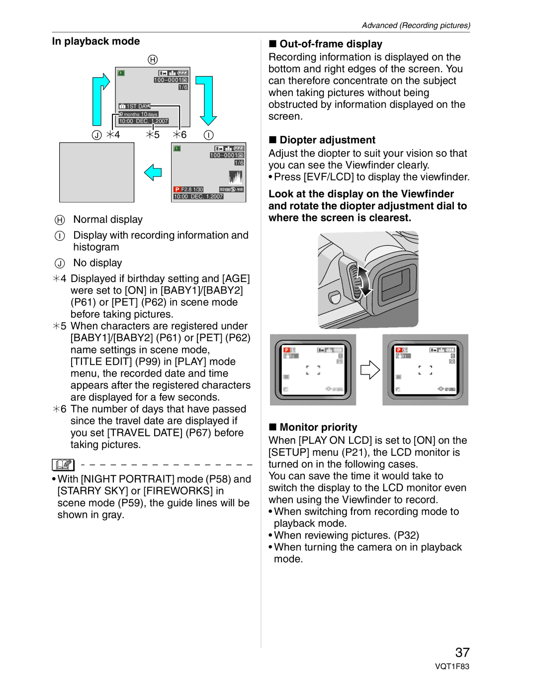 Panasonic DMC-FZ18 operating instructions Playback mode, Out-of-frame display, Diopter adjustment 