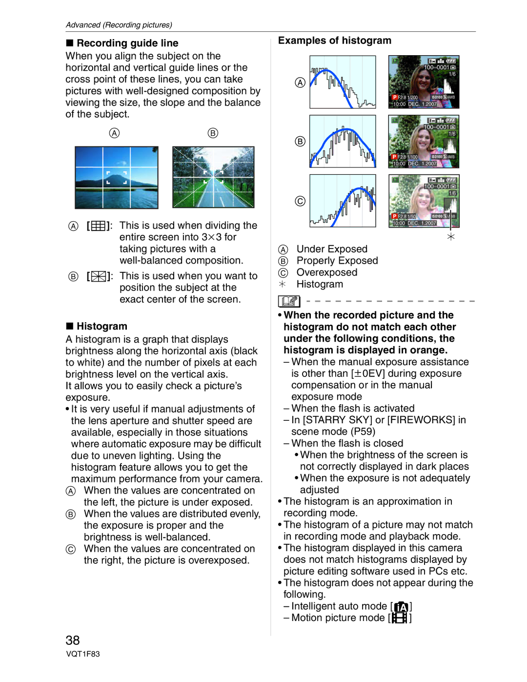 Panasonic DMC-FZ18 operating instructions Recording guide line, Histogram, Examples of histogram 