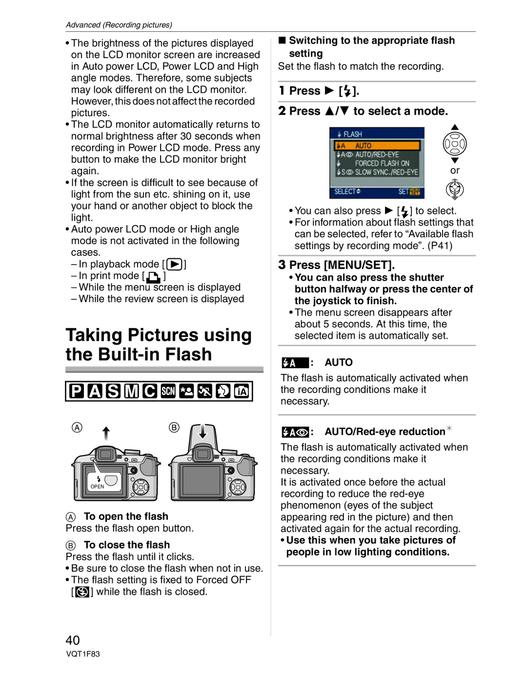 Panasonic DMC-FZ18 Taking Pictures using the Built-in Flash, Press Press / to select a mode, Auto, AUTO/Red-eye reduction 