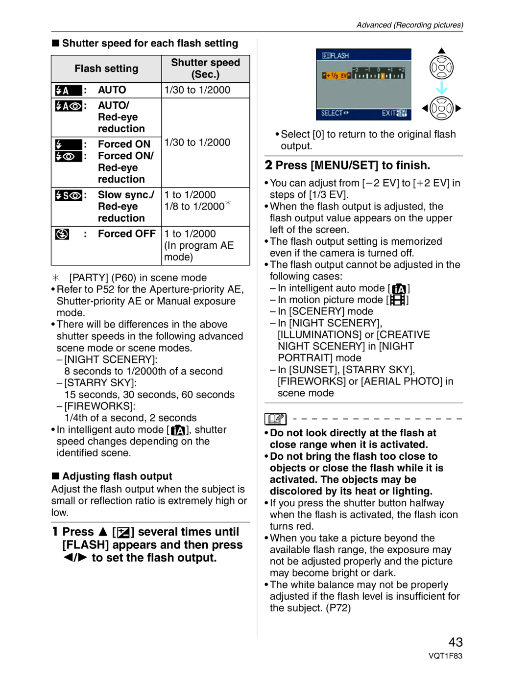 Panasonic DMC-FZ18 Press MENU/SET to finish, Shutter speed for each flash setting Flash setting Sec, 30 to 1/2000 