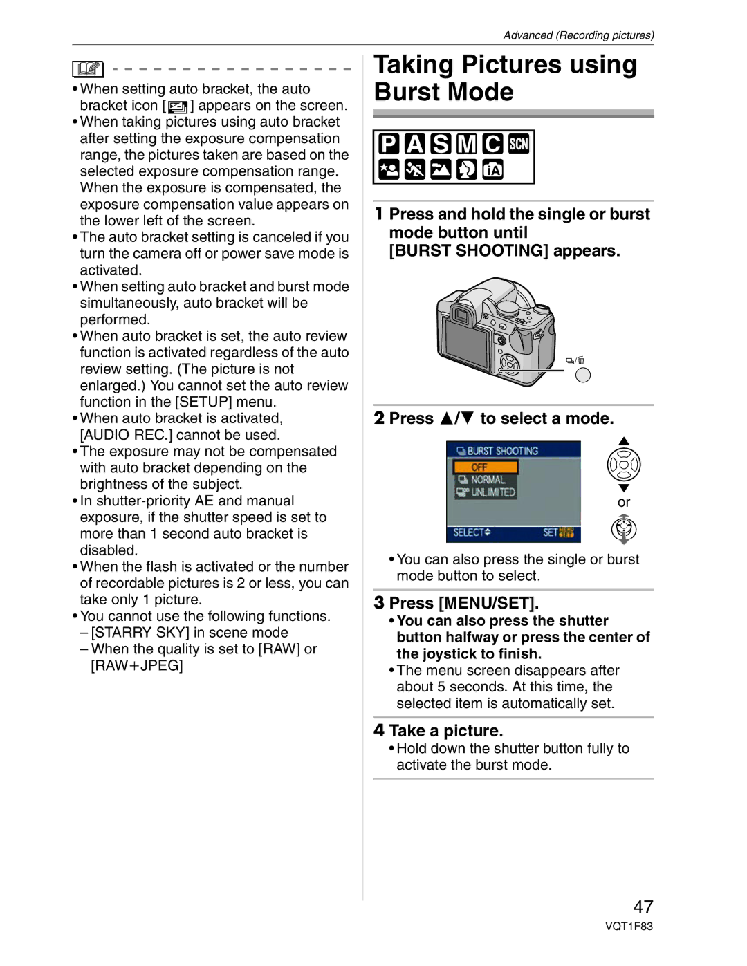 Panasonic DMC-FZ18 operating instructions Taking Pictures using Burst Mode, Take a picture 