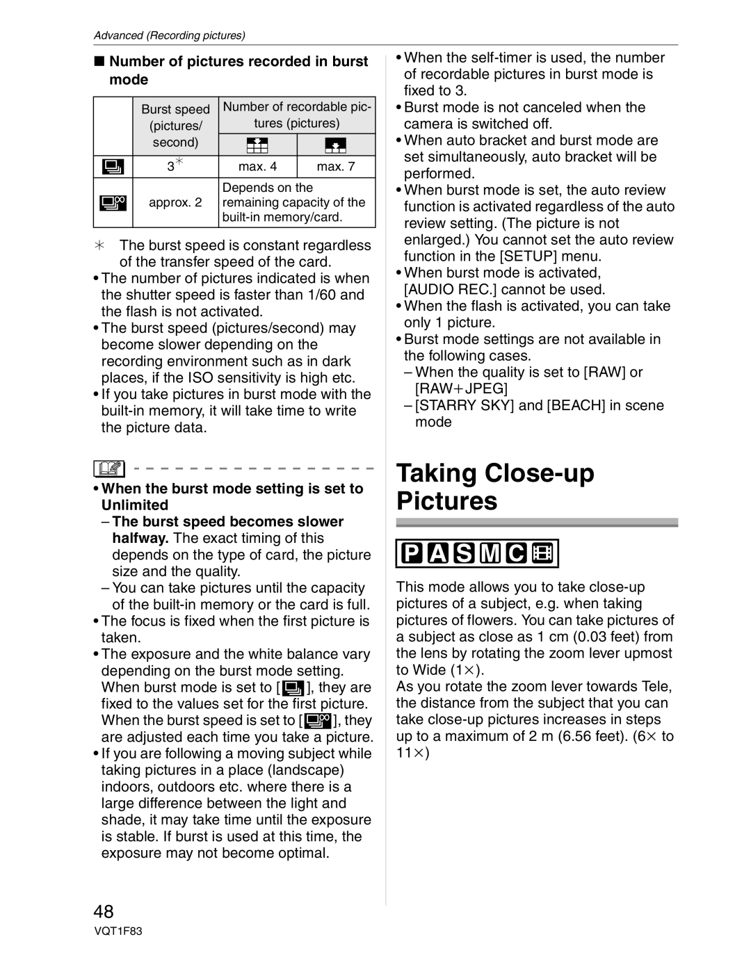 Panasonic DMC-FZ18 operating instructions Taking Close-up Pictures, Number of pictures recorded in burst mode 