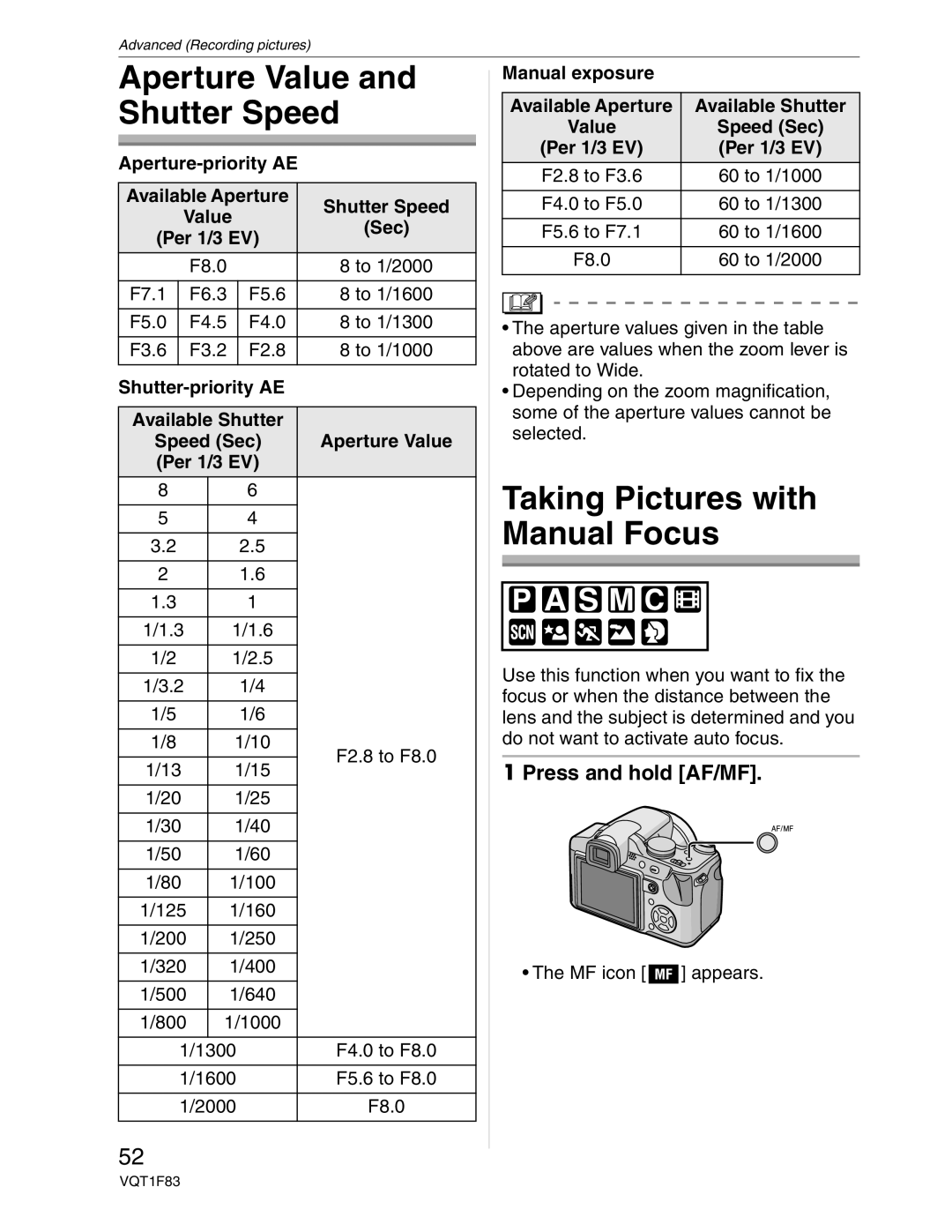 Panasonic DMC-FZ18 Aperture Value and Shutter Speed, Taking Pictures with Manual Focus, Press and hold AF/MF 