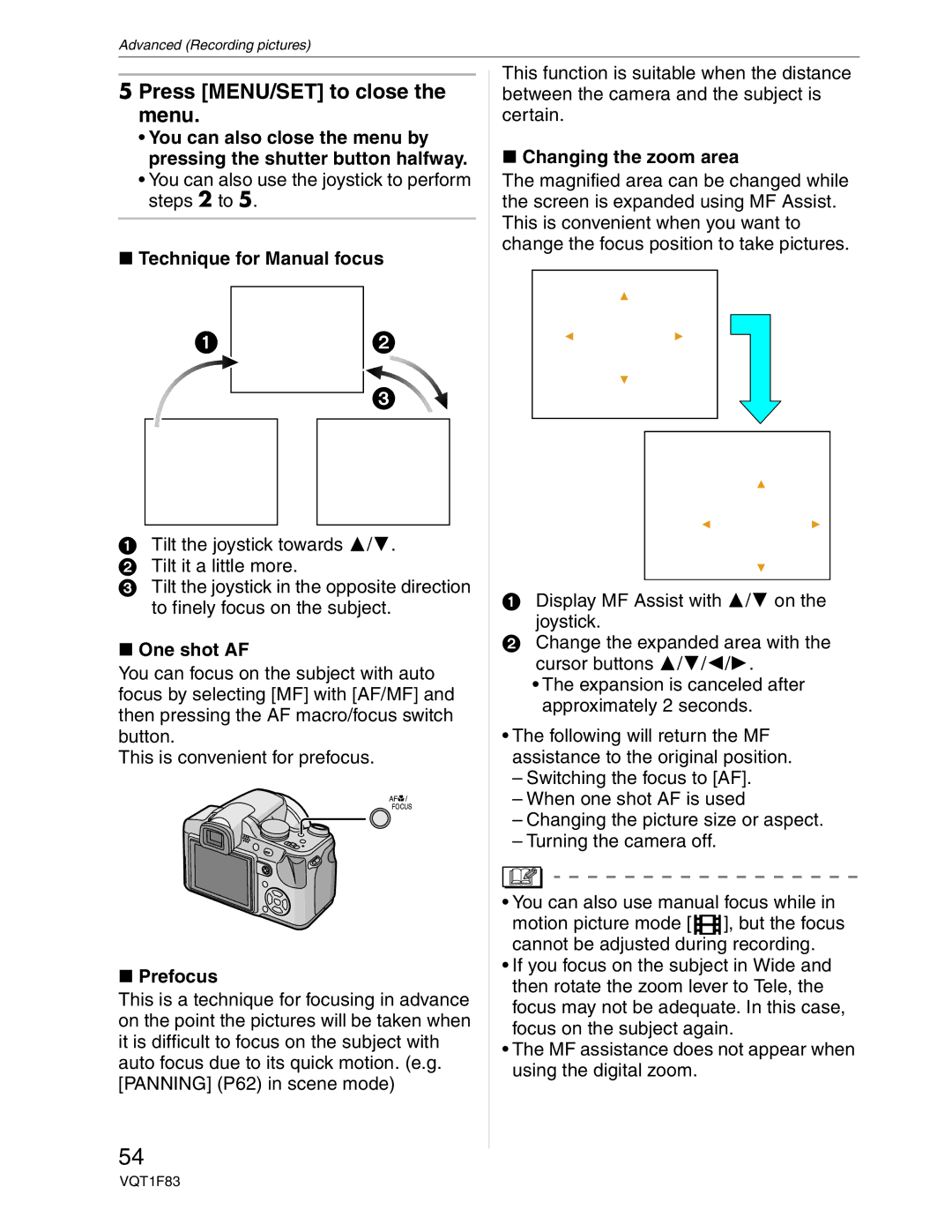 Panasonic DMC-FZ18 operating instructions Technique for Manual focus, One shot AF, Prefocus, Changing the zoom area 