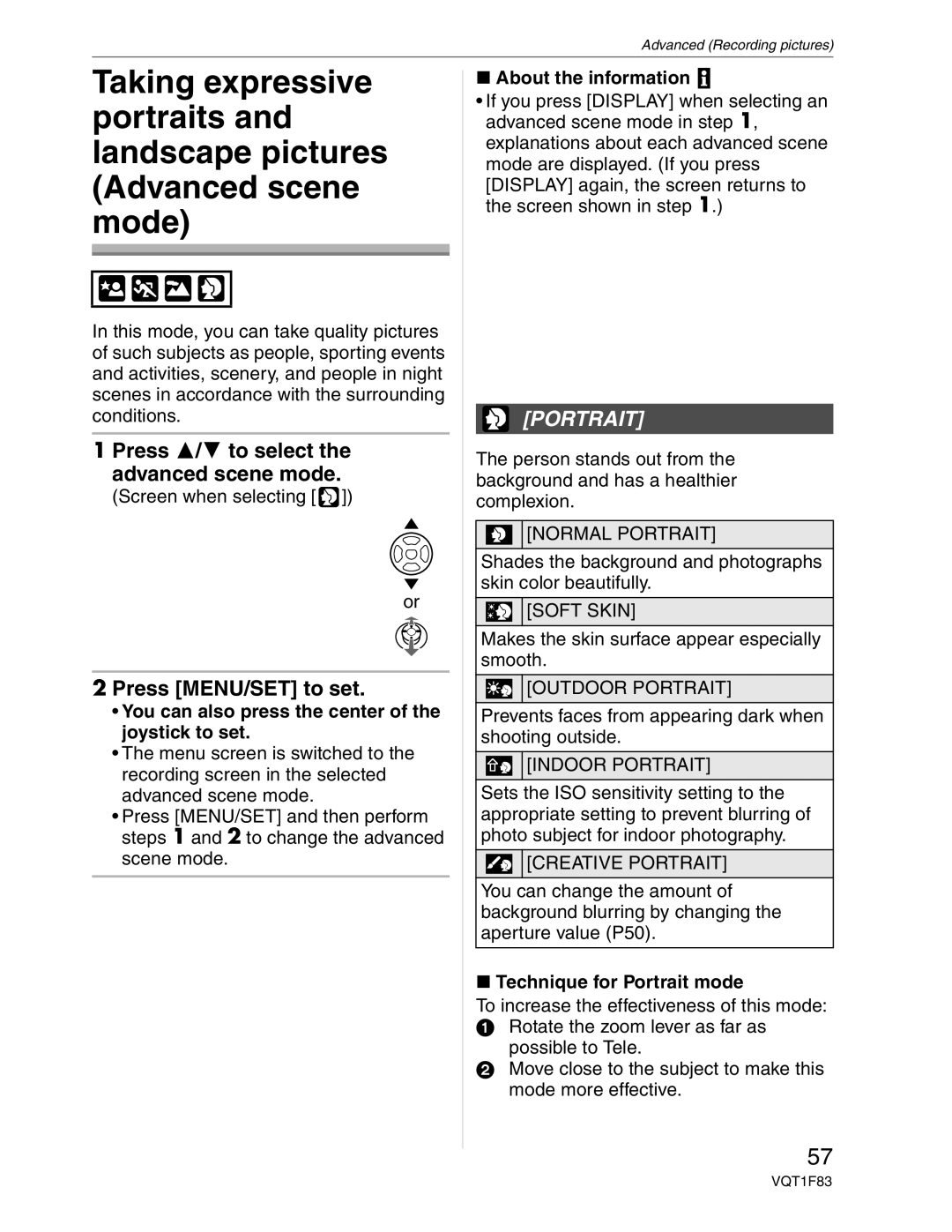 Panasonic DMC-FZ18 Press / to select the advanced scene mode, About the information, Technique for Portrait mode 