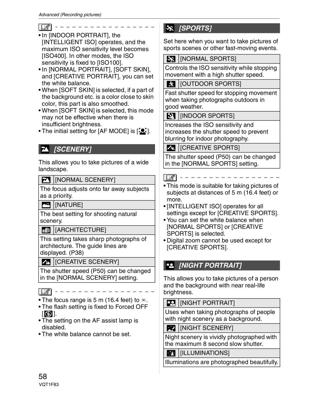 Panasonic DMC-FZ18 operating instructions Scenery, Sports, Night Portrait 