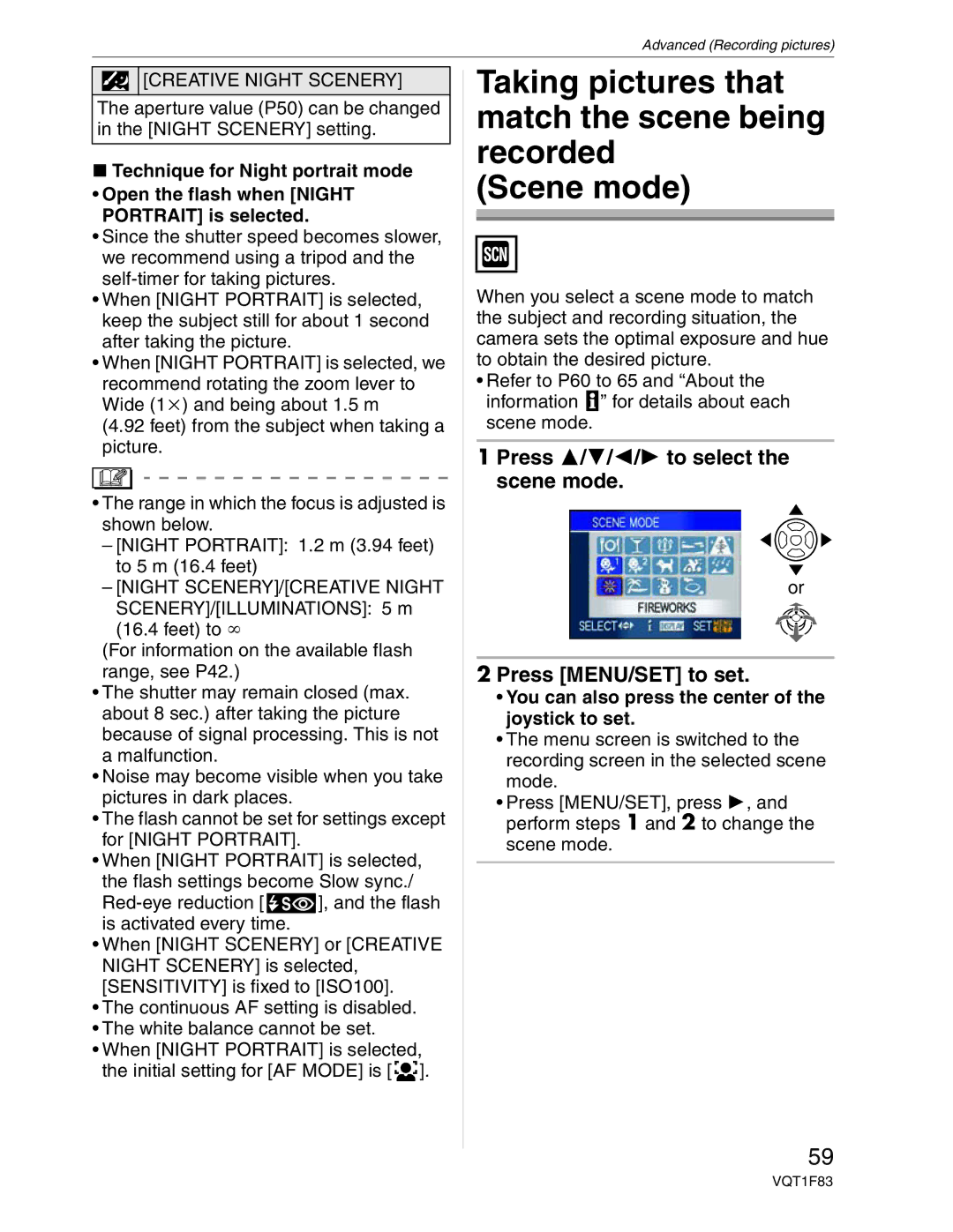 Panasonic DMC-FZ18 operating instructions Press /// to select the scene mode Press MENU/SET to set 