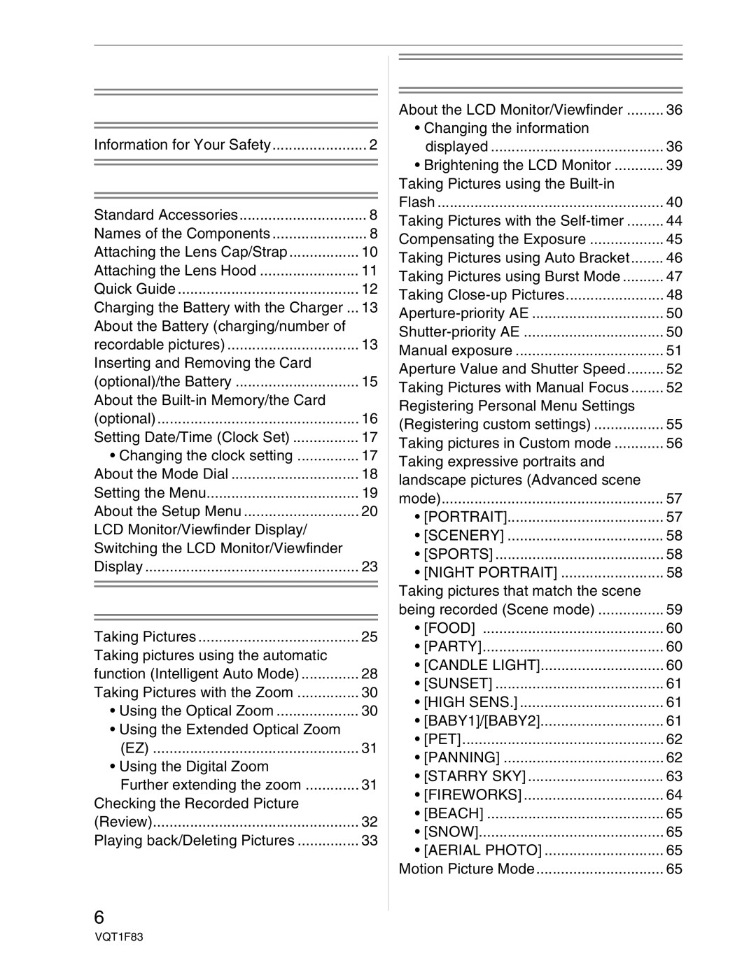 Panasonic DMC-FZ18 operating instructions Contents 