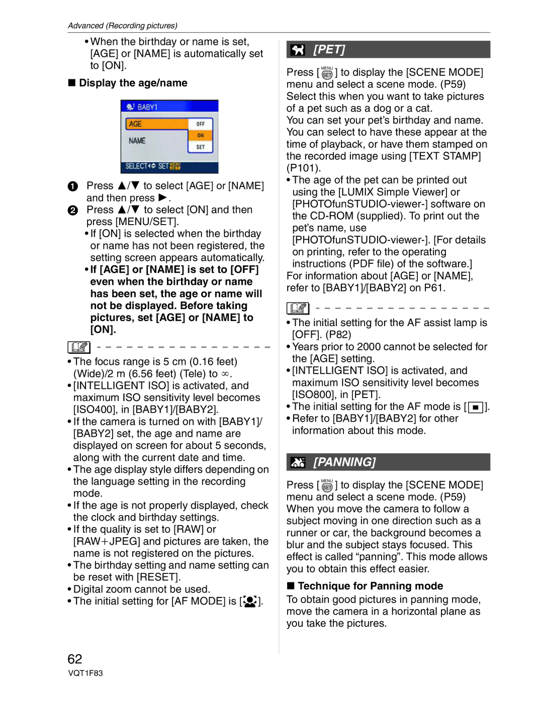 Panasonic DMC-FZ18 operating instructions Pet, Display the age/name, Technique for Panning mode 