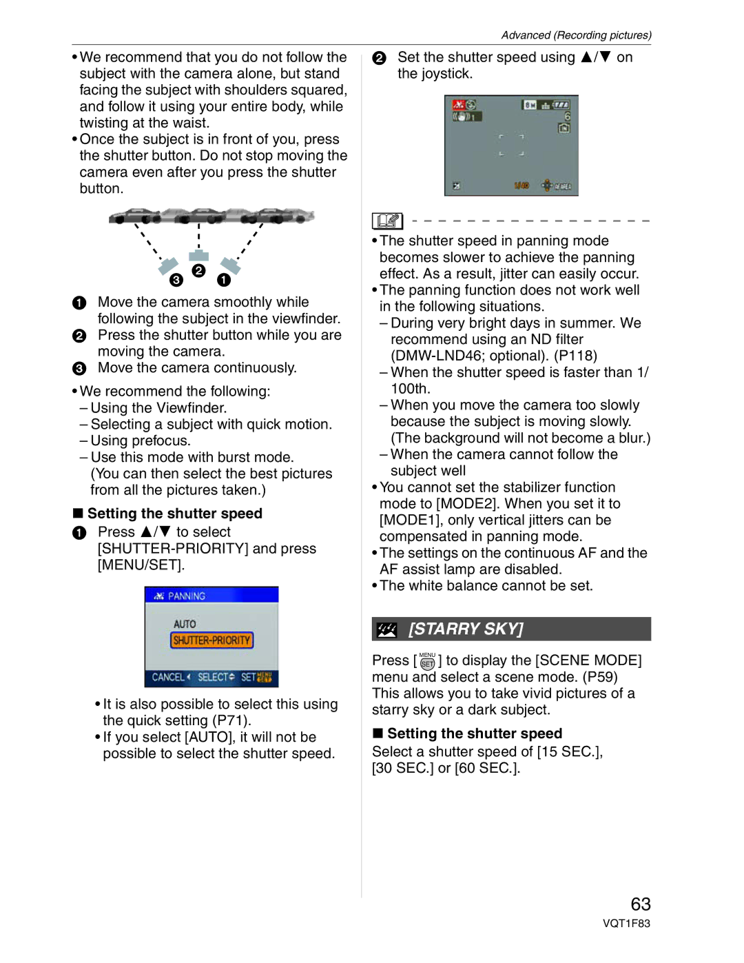 Panasonic DMC-FZ18 operating instructions Starry SKY, Setting the shutter speed 