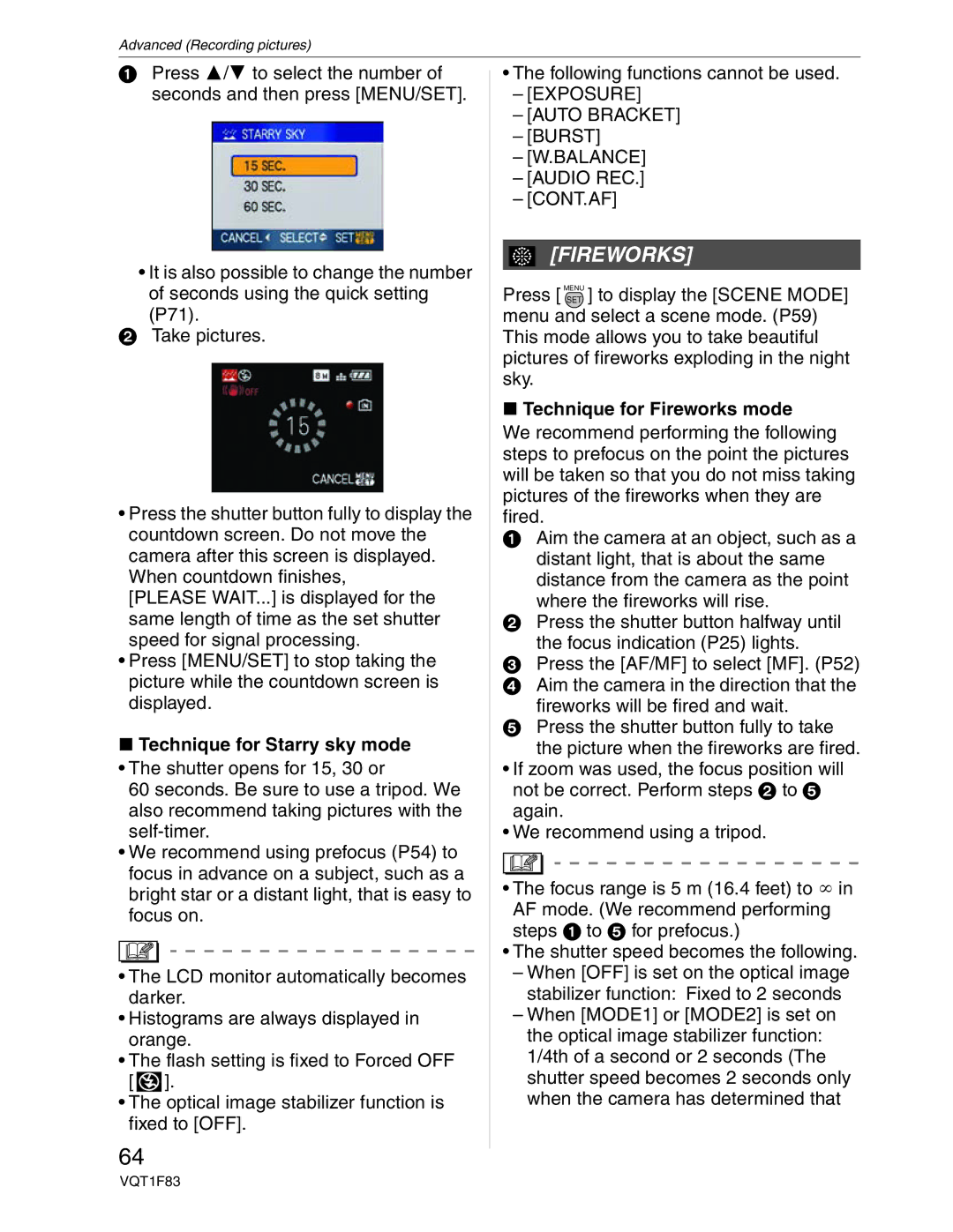 Panasonic DMC-FZ18 operating instructions Technique for Starry sky mode, Technique for Fireworks mode 