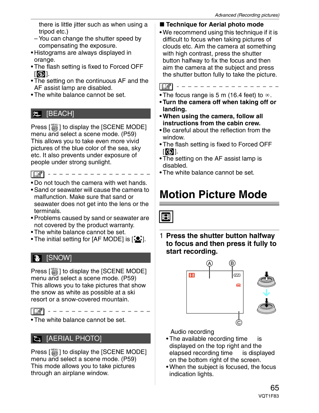 Panasonic DMC-FZ18 operating instructions Motion Picture Mode, Beach, Snow, Aerial Photo, Technique for Aerial photo mode 