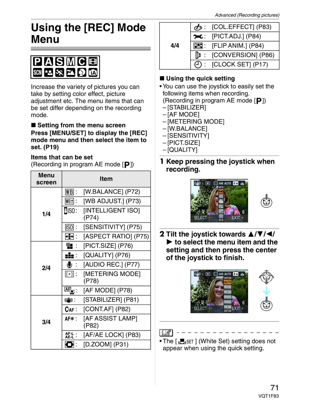 Panasonic DMC-FZ18 operating instructions Using the REC Mode Menu, Menu Screen, Using the quick setting 