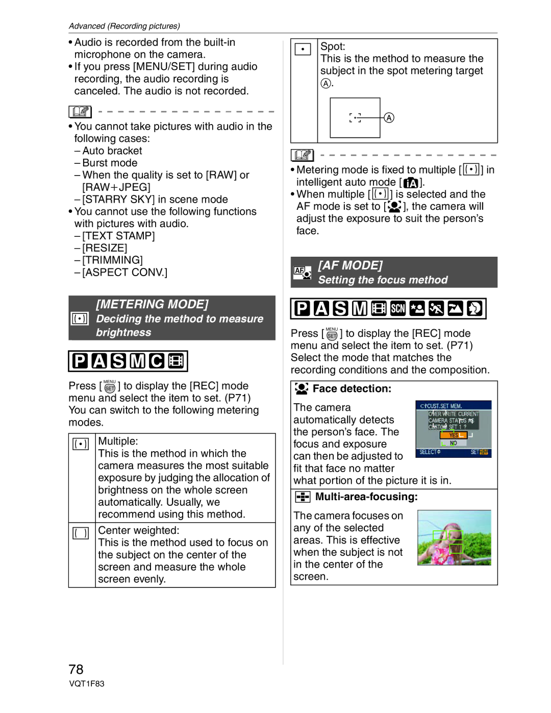 Panasonic DMC-FZ18 Metering Mode, AF Mode, Deciding the method to measure brightness, Setting the focus method 