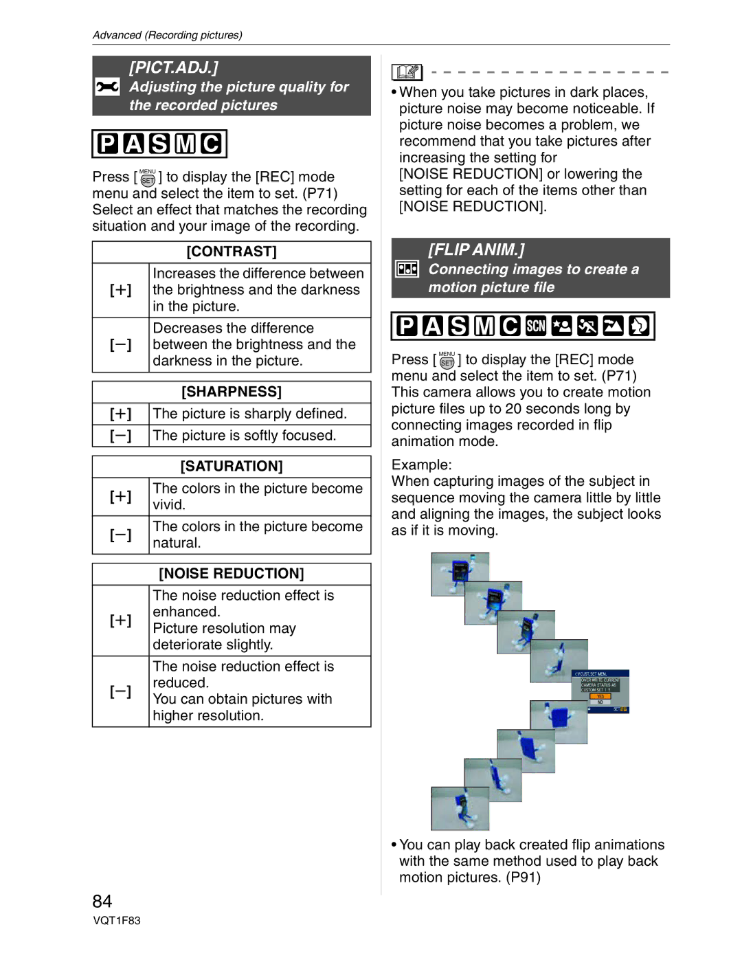 Panasonic DMC-FZ18 operating instructions Pict.Adj, Flip Anim, Adjusting the picture quality for the recorded pictures 