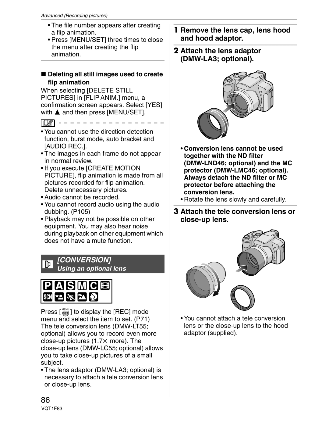 Panasonic DMC-FZ18 Conversion, Attach the tele conversion lens or close-up lens, Using an optional lens 