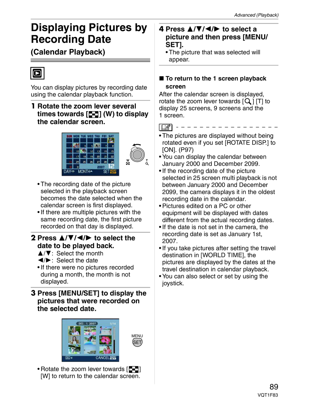 Panasonic DMC-FZ18 operating instructions Displaying Pictures by Recording Date, Press /// to select Date to be played back 