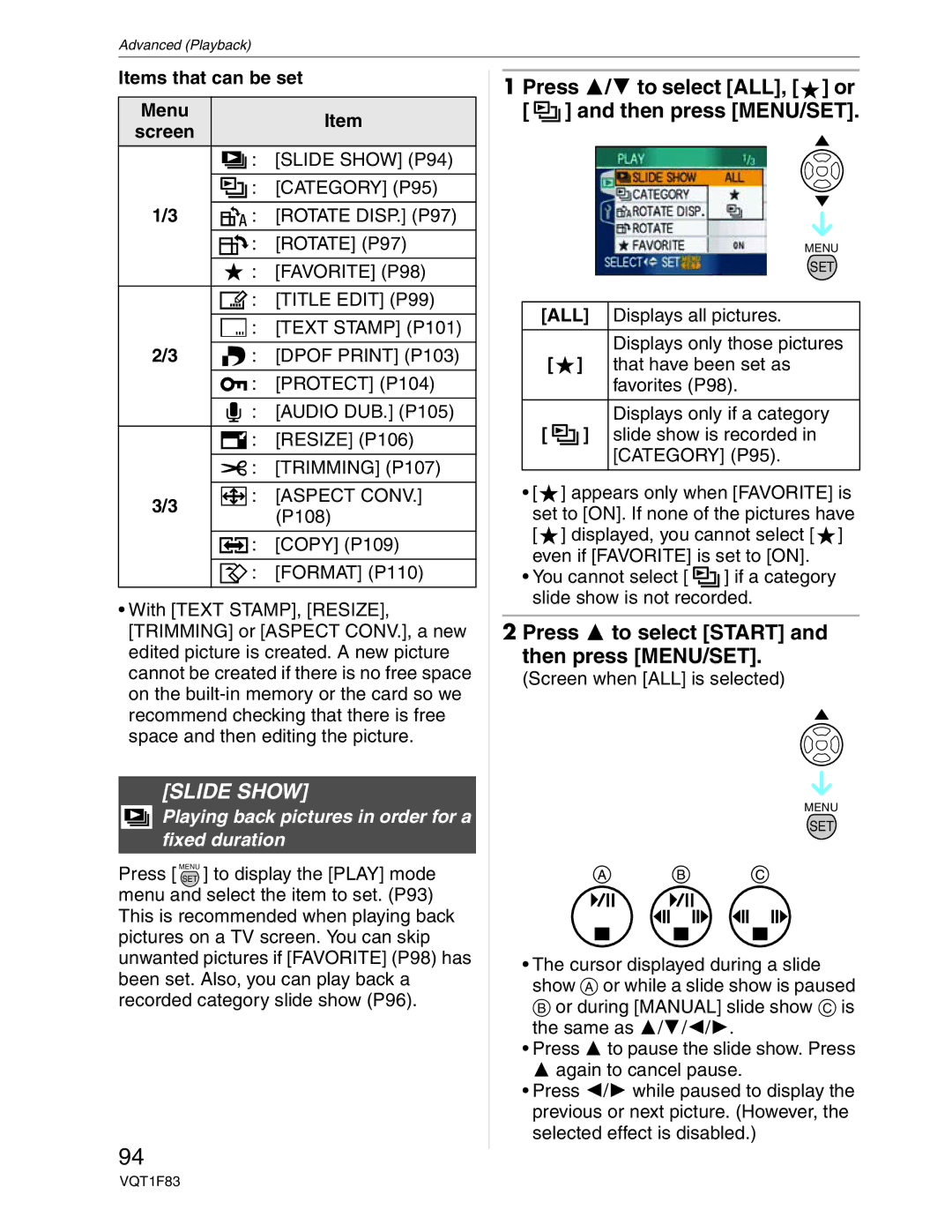 Panasonic DMC-FZ18 Slide Show, Press / to select ALL, or Then press MENU/SET, Items that can be set Menu Screen 