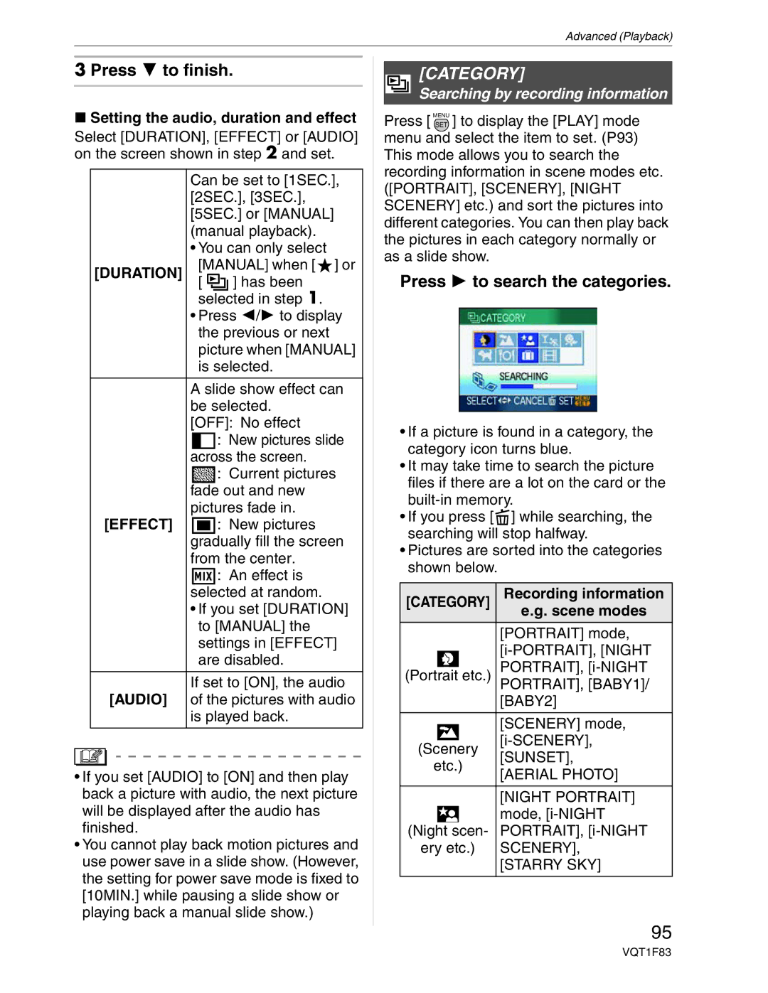 Panasonic DMC-FZ18 Press to finish, Category, Press to search the categories, Searching by recording information 