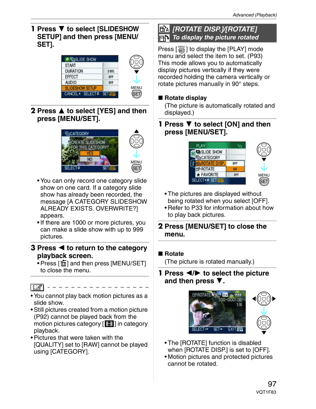 Panasonic DMC-FZ18 operating instructions Press to select Slideshow Setup and then press MENU/ SET, Rotate DISP./ROTATE 