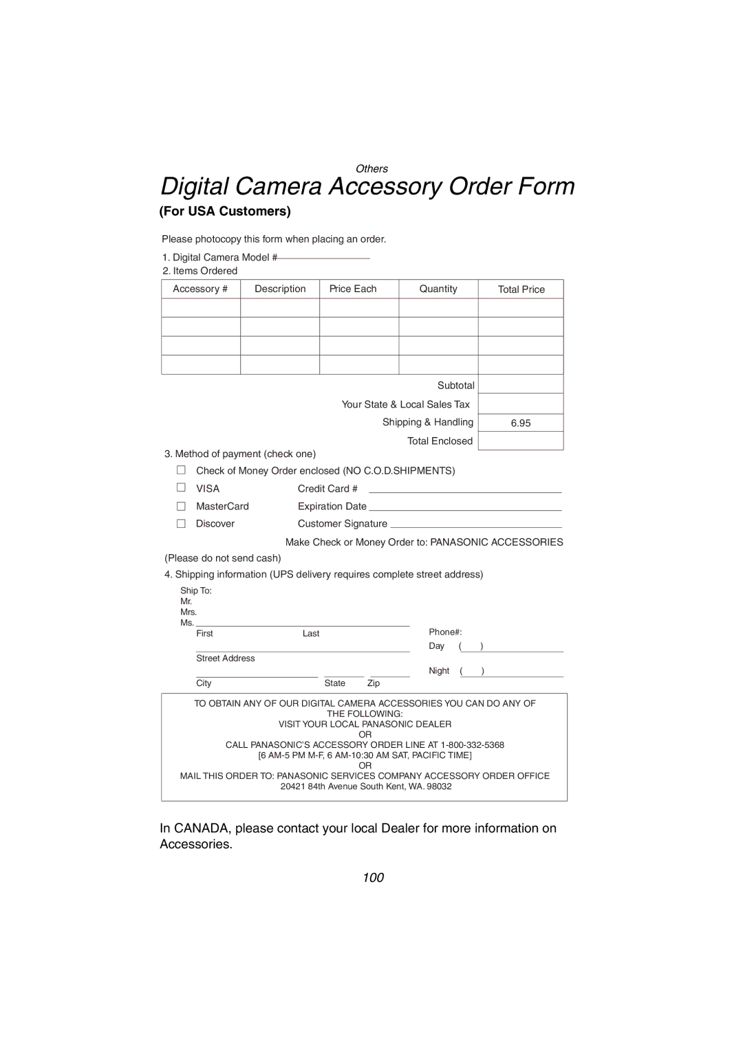 Panasonic DMC-FZ1PP operating instructions Digital Camera Accessory Order Form, For USA Customers 