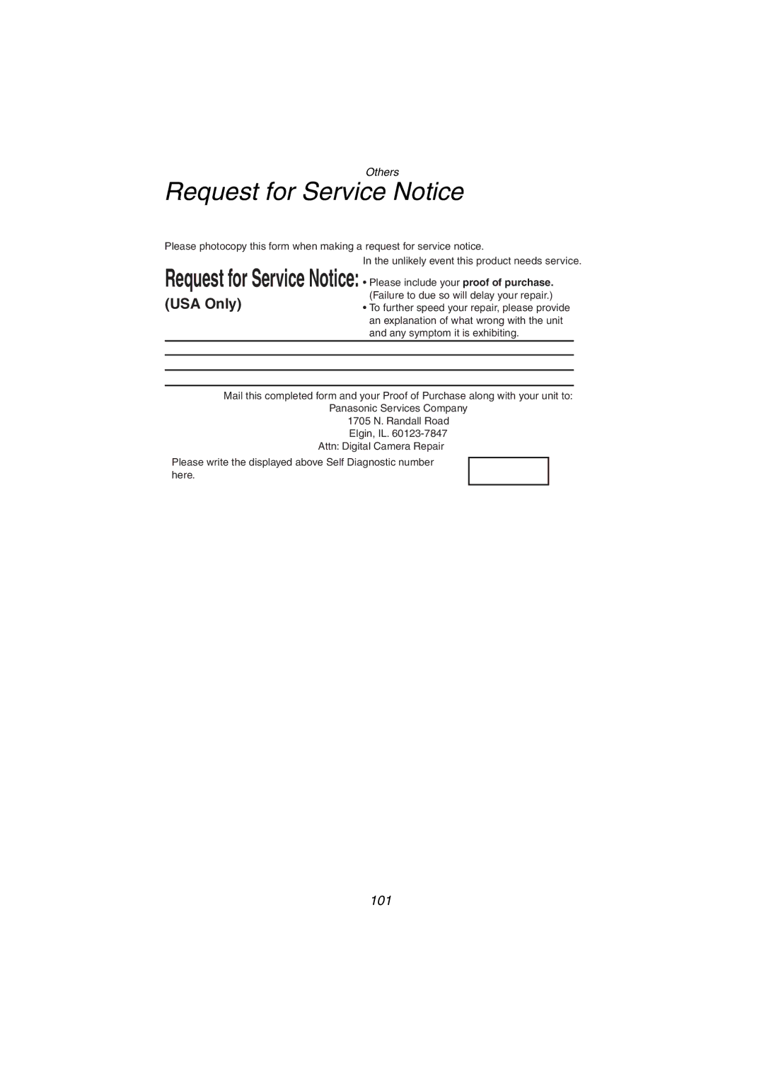 Panasonic DMC-FZ1PP operating instructions Request for Service Notice 