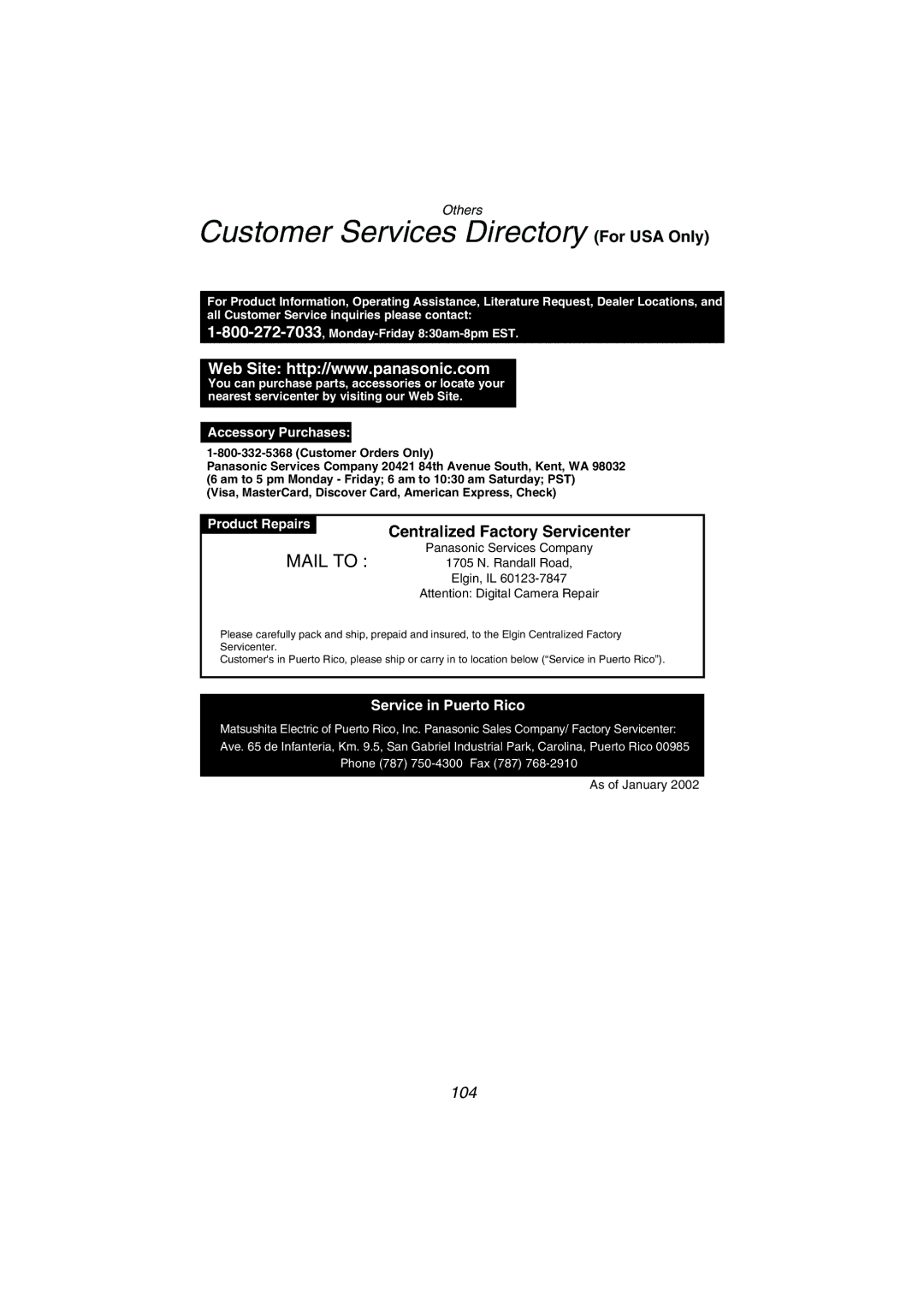 Panasonic DMC-FZ1PP operating instructions Customer Services Directory For USA Only, Accessory Purchases 