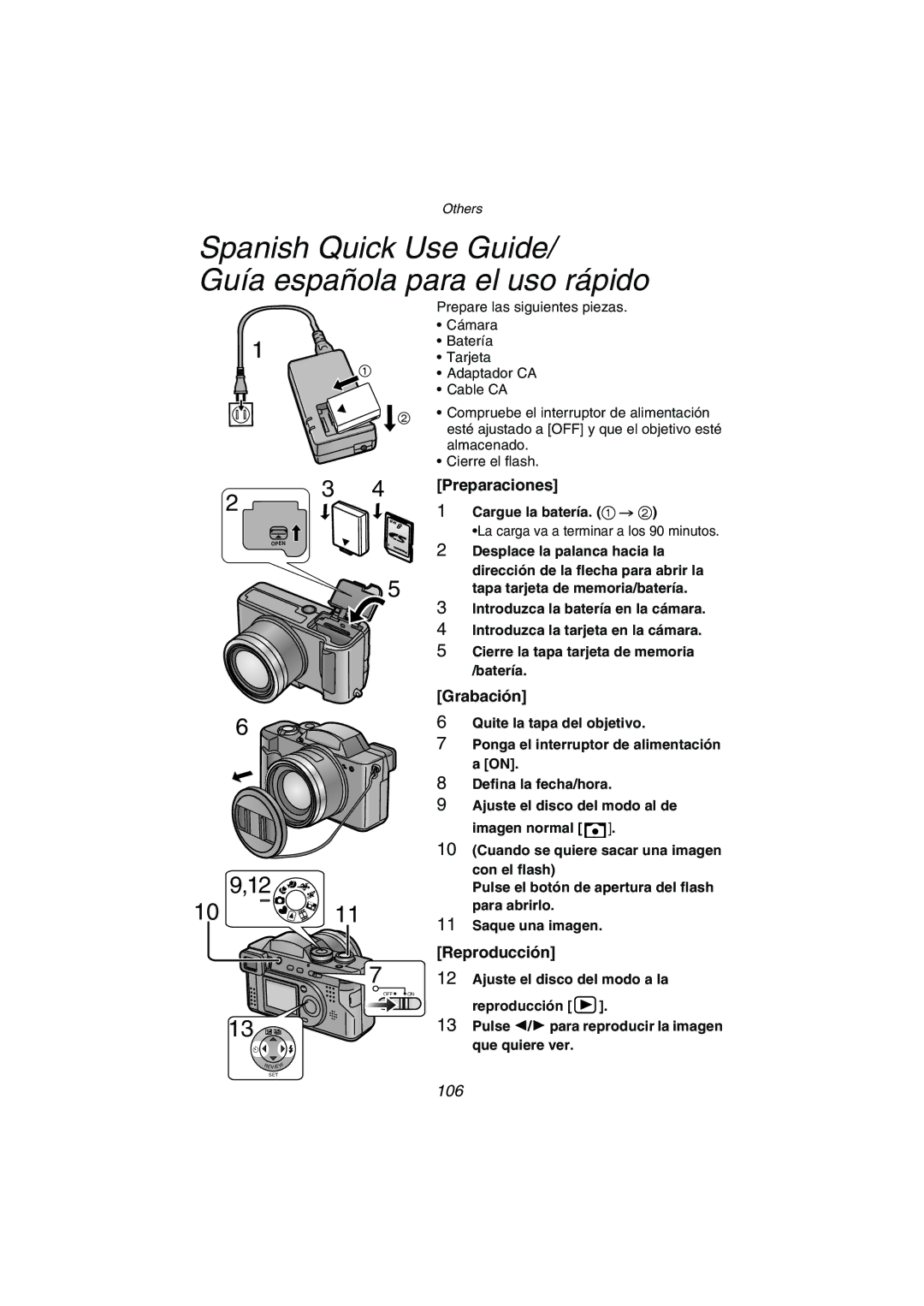 Panasonic DMC-FZ1PP Spanish Quick Use Guide Guía española para el uso rápido, Preparaciones, Grabación, Reproducción 