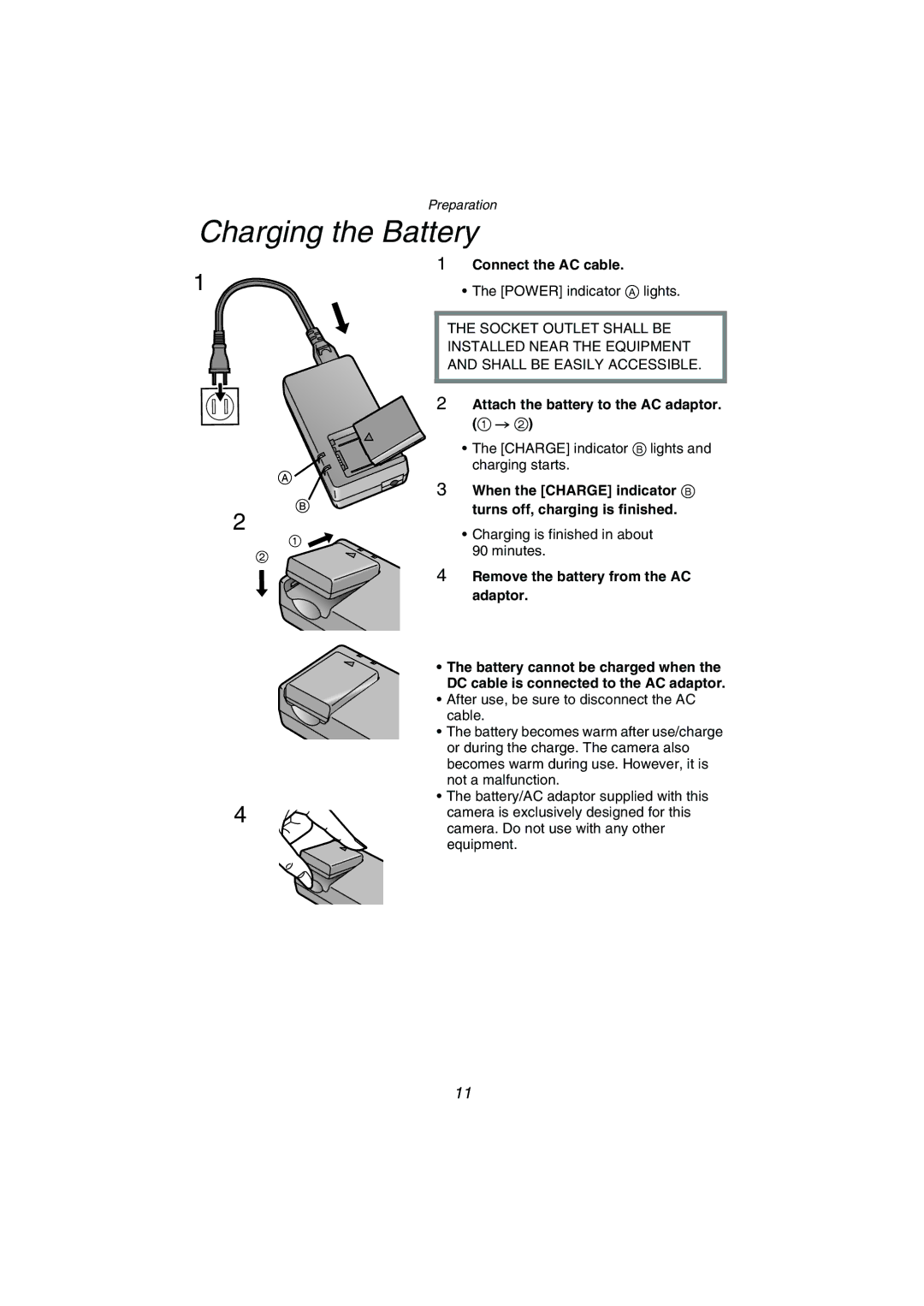 Panasonic DMC-FZ1PP Charging the Battery, Connect the AC cable, Attach the battery to the AC adaptor # 