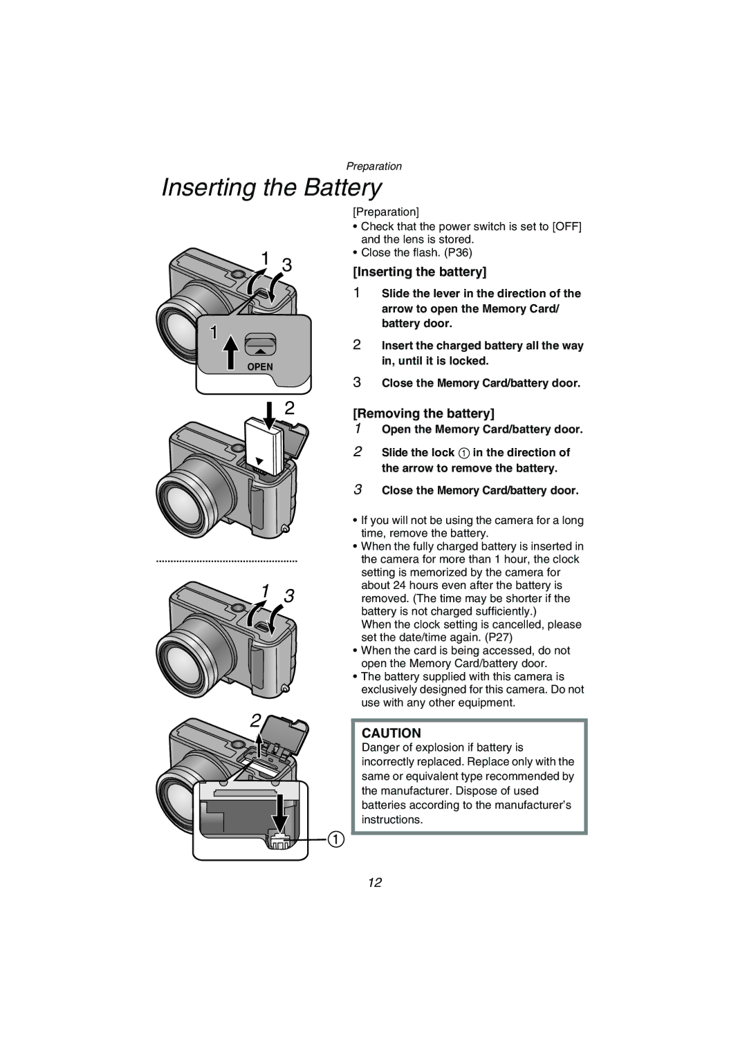 Panasonic DMC-FZ1PP Inserting the Battery, Inserting the battery, Removing the battery, Open the Memory Card/battery door 