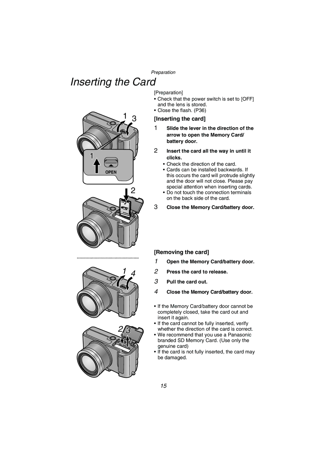 Panasonic DMC-FZ1PP operating instructions Inserting the Card, Inserting the card, Removing the card 