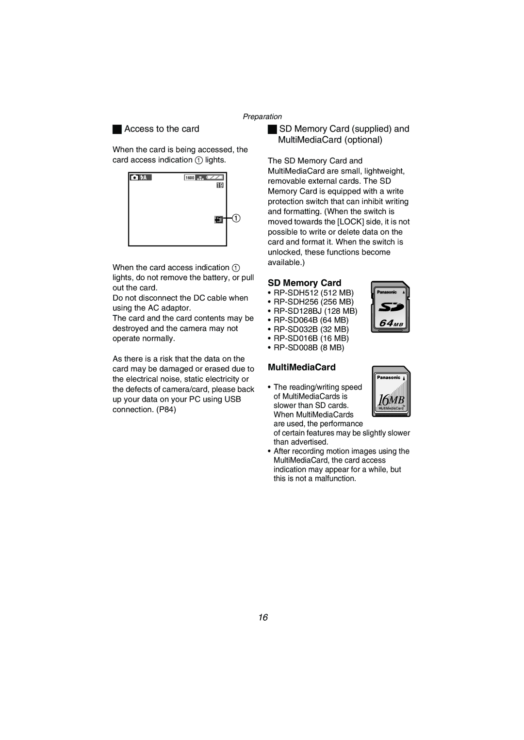 Panasonic DMC-FZ1PP operating instructions SD Memory Card, MultiMediaCard 