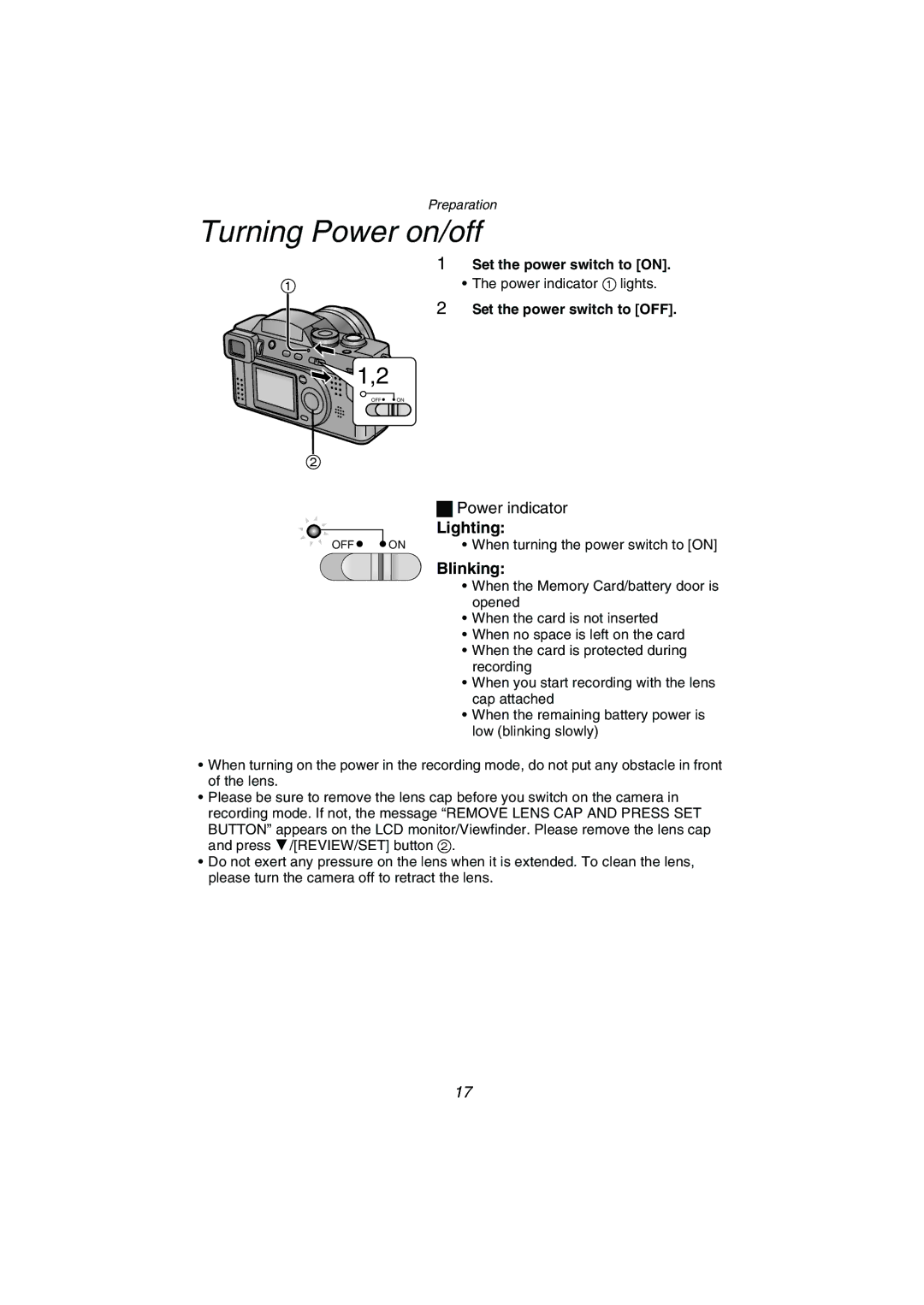 Panasonic DMC-FZ1PP Turning Power on/off, Lighting, Blinking, Set the power switch to on, Set the power switch to OFF 