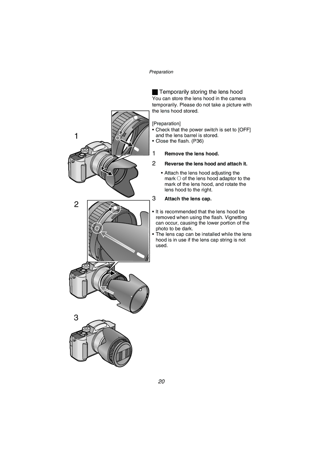 Panasonic DMC-FZ1PP operating instructions Remove the lens hood Reverse the lens hood and attach it, Attach the lens cap 