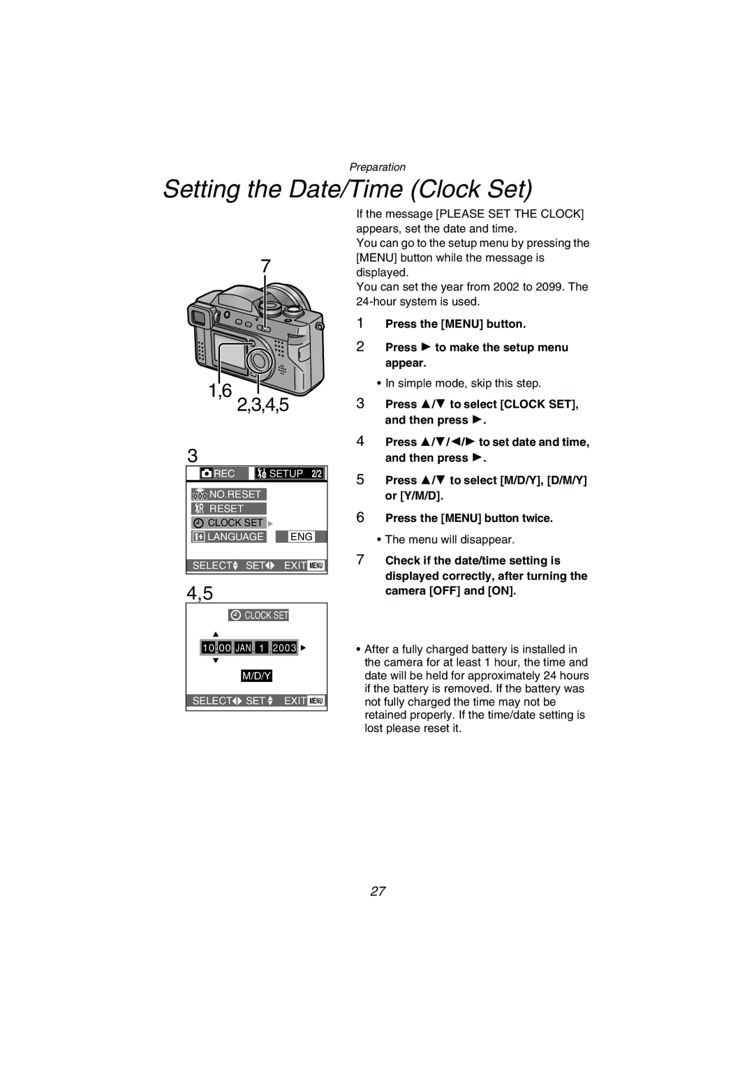 Panasonic DMC-FZ1PP Setting the Date/Time Clock Set, Press the Menu button Press 1 to make the setup menu appear 