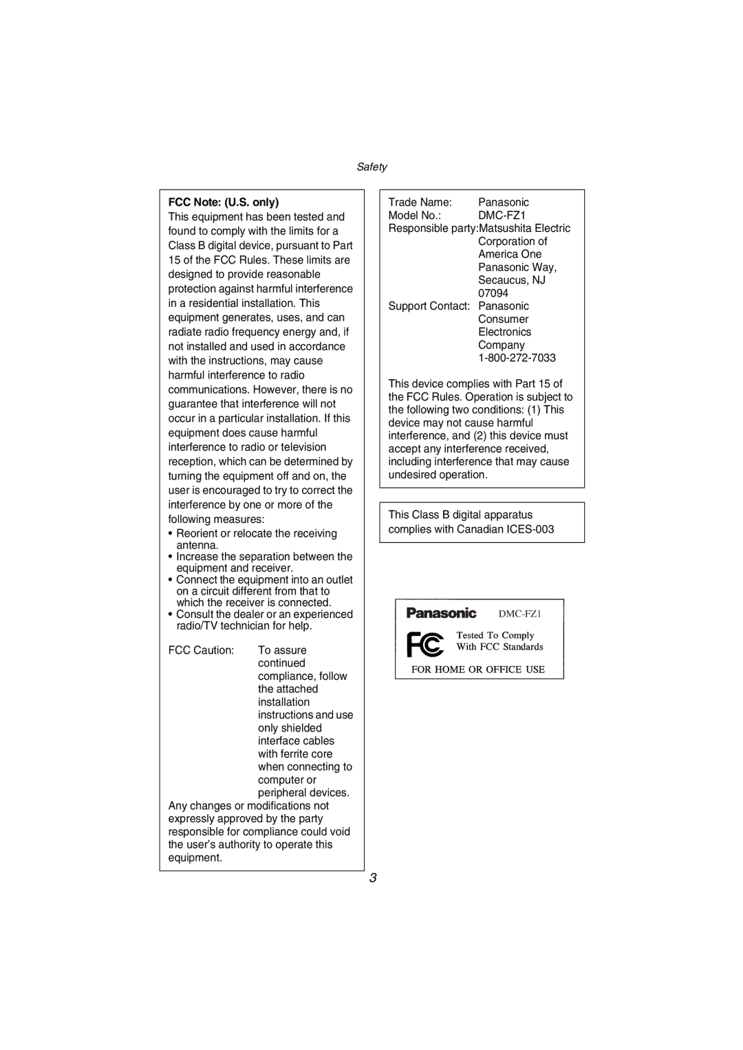 Panasonic DMC-FZ1PP operating instructions FCC Note U.S. only 