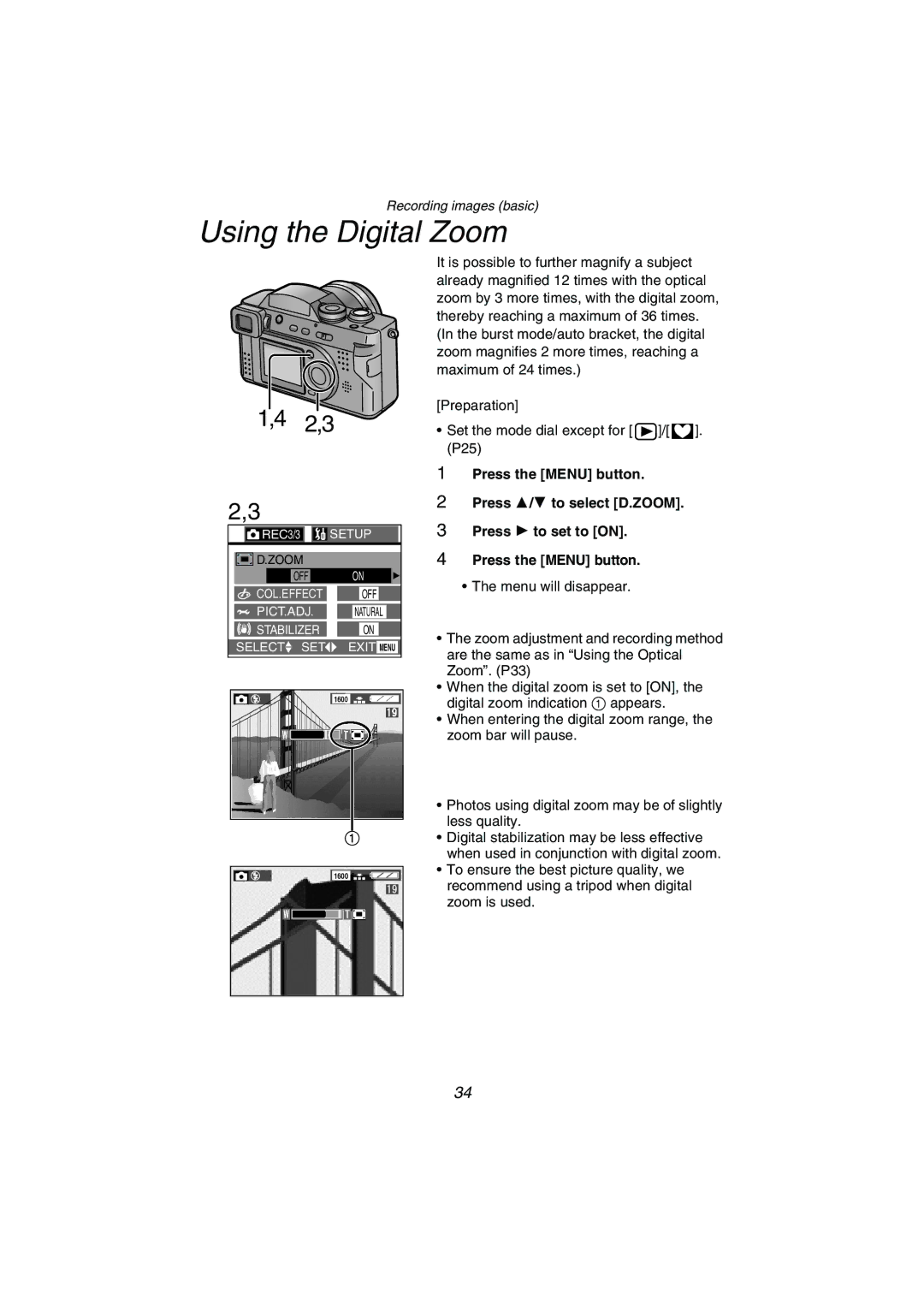 Panasonic DMC-FZ1PP operating instructions Using the Digital Zoom 