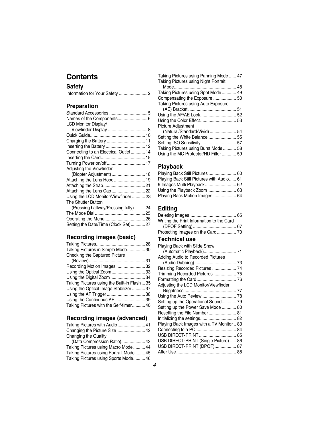 Panasonic DMC-FZ1PP operating instructions Contents 