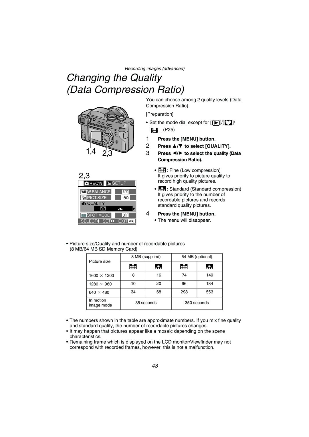 Panasonic DMC-FZ1PP operating instructions Changing the Quality Data Compression Ratio 