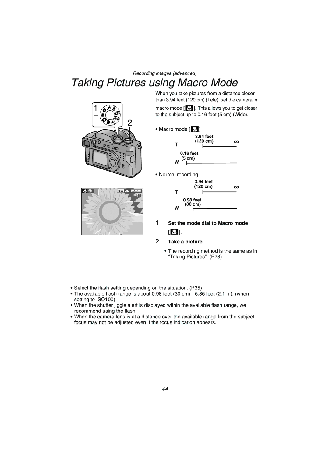 Panasonic DMC-FZ1PP operating instructions Taking Pictures using Macro Mode, Set the mode dial to Macro mode Take a picture 