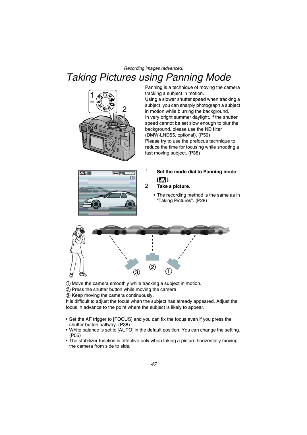 Panasonic DMC-FZ1PP operating instructions Taking Pictures using Panning Mode 