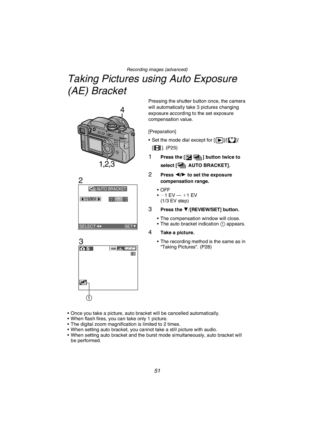 Panasonic DMC-FZ1PP Taking Pictures using Auto Exposure AE Bracket, Press the button twice to Select Auto Bracket 