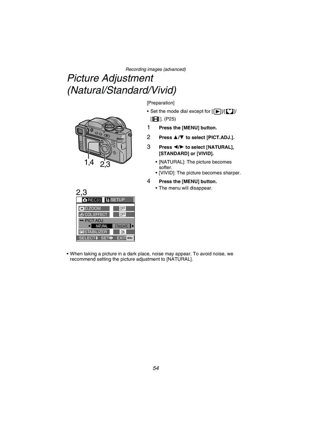 Panasonic DMC-FZ1PP operating instructions Picture Adjustment Natural/Standard/Vivid 