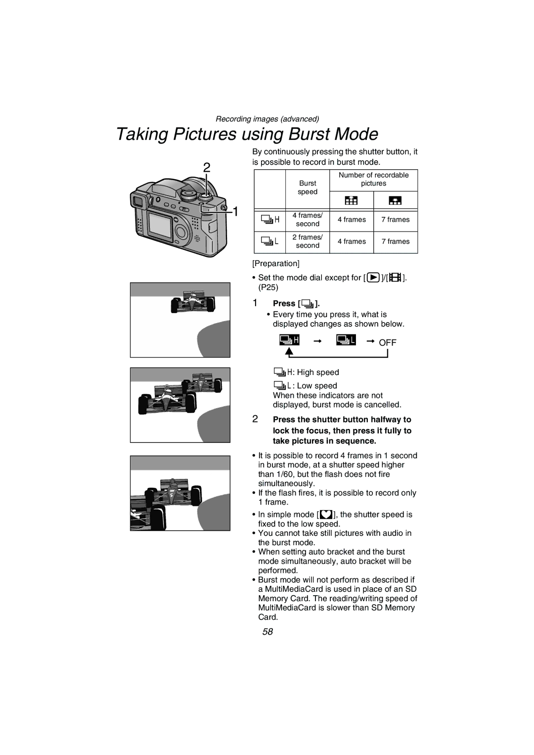 Panasonic DMC-FZ1PP operating instructions Taking Pictures using Burst Mode, Off 