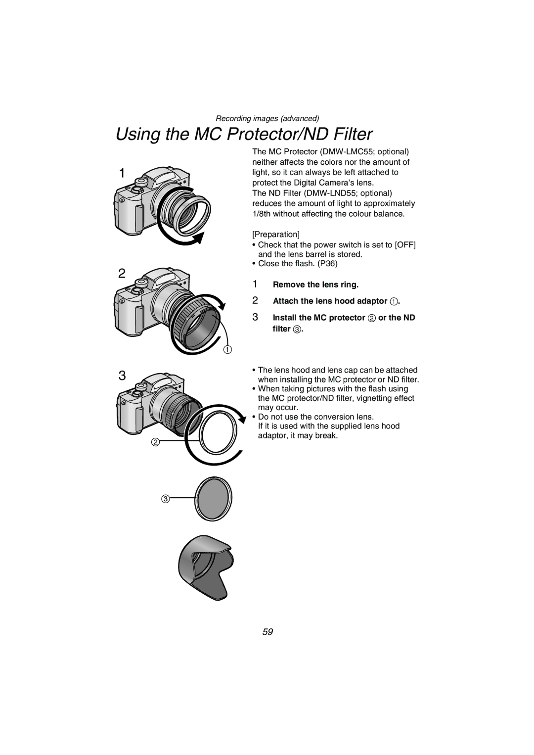 Panasonic DMC-FZ1PP operating instructions Using the MC Protector/ND Filter 