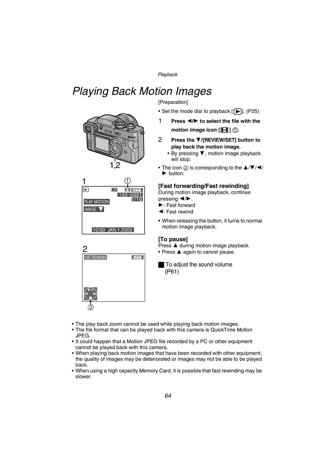 Panasonic DMC-FZ1PP operating instructions Playing Back Motion Images, To pause 