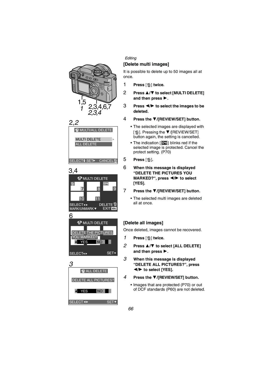 Panasonic DMC-FZ1PP operating instructions Delete multi images, Delete all images 